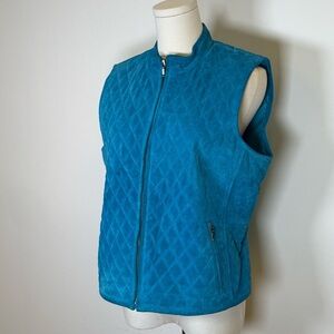 Revue Quilted Blue Suede Vest Pockets Front Zipper 100% Leather Women’s Size 10
